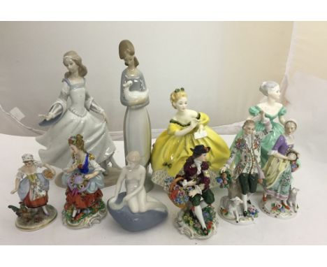 Ten porcelain figurines to inc Lladro, Doulton and Sitzendorf