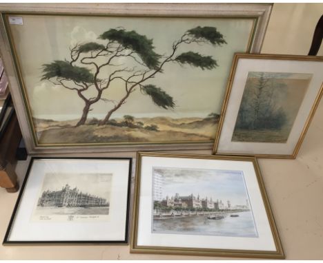 A quantity of pictures to include landscape watercolours, signed etching etc 