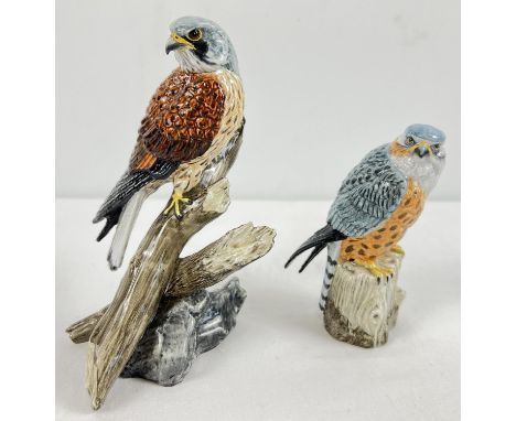 2 large R &amp; J Mack ceramic birds of prey figurines - Kestrel &amp; Merlin. Boxed, both with stamped crown mark and hand p