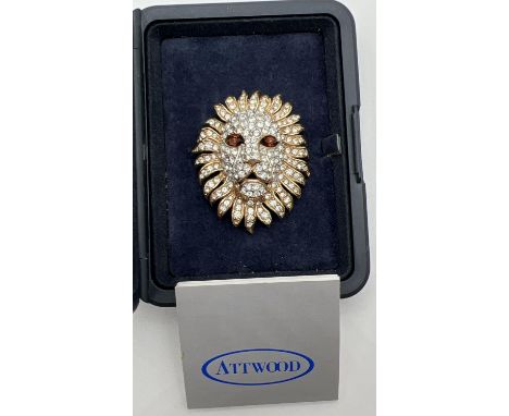 A boxed vintage Attwood collection stone set lion head brooch by Attwood &amp; Sawyer. Approx. 4.5cm x 3.75cm. Complete with 