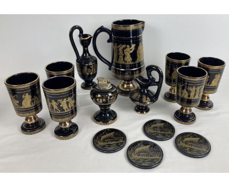 A collection of vintage Greek ceramic items with 24ct gold classical design overlay. To include a stemmed pitcher and 6 match