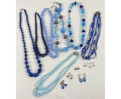 7 vintage costume jewellery bead necklaces to include opaque glass, in varying shades of blue. Together with 7 pairs of stud 