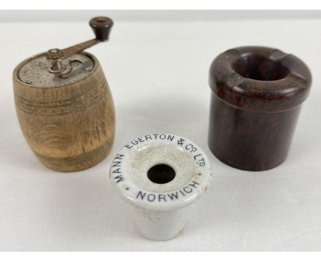 2 vintage inkwells together with a Marlux wooden barrel nutmeg grinder. Ceramic inkwell marked "Mann Egerton &amp; Co Ltd, No