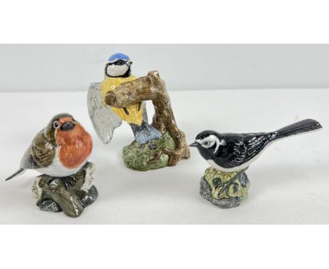 3 R &amp; J Mack ceramic bird figurines - Blue Tit, Robin and Pied Wagtail. Boxed, all with stamped crown mark and hand paint