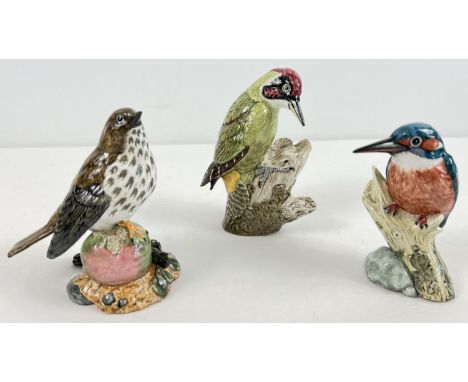 3 R &amp; J Mack ceramic bird figurines - Green Woodpecker, Song Thrush &amp; Kingfisher. Boxed, all with stamped crown mark 