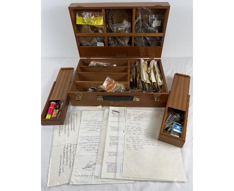 A 1980's wooden cased Deluxe fly tying kit. Solid wood carry box with interior boxes &amp; compartments containing: approx. 6