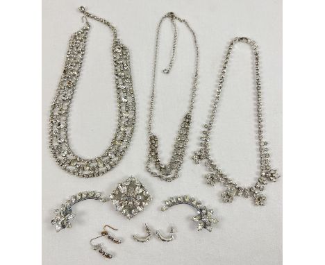A collection of vintage clear stone diamante jewellery, to include 3 necklaces, earrings and a brooch, in varying styles. 