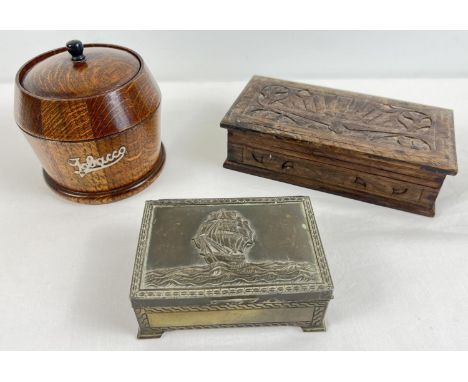 3 mid century wooden &amp; metal lidded boxes. A carved wooden trinket box with bird design and black velevt lined interior; 