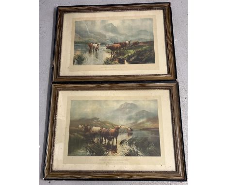 Sunset &amp; Sunrise in the Highlands - a pair of large coloured prints from original paintings by H. R. Hall. Large framed a