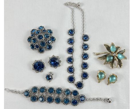 A collection of vintage stone set costume jewellery by Arcansas. A necklace, bracelet, brooch and clip on earrings matching s