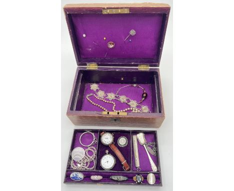 A Victorian jewellery box containing assorted vintage silver, jewellery and watches. Purple fabric lined box with lift out tr