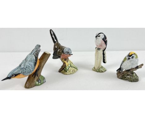 4 R &amp; J Mack ceramic bird figurines - Longtailed Tit, Nuthatch, Goldcrest and a Dartford Warbler. Boxed, all with stamped