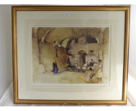 Sir William Russell Flint Limited Edition Print depicting young girls playing ball at a pool, approx 38 x 52 cms original sig