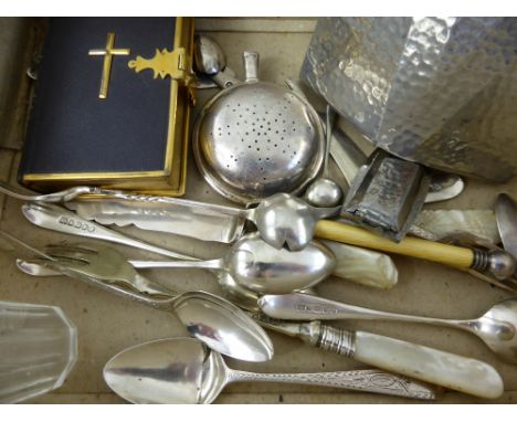 Miscellaneous Items, including a Victorian prayer book, silver and silver plate, set of coffee spoons, tinder box and a hamme