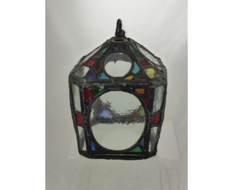 A Leaded Light Lantern, top of hanging hook to base approx 36 cms. 