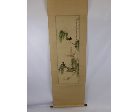 A Hand Painted Chinese Scroll Painting, depicting two black birds amongst cherry blossom, with character and date marks, supp