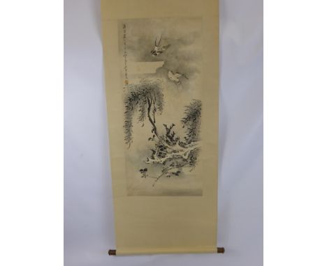A Hand Painted Chinese Scroll Painting, depicting house martins in flight amongst blossom, with character and date marks, sup