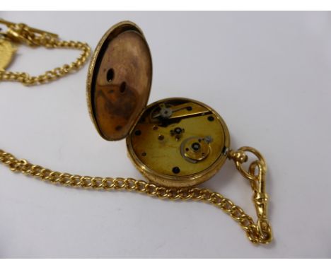 Continental 18k Gold Cased Pocket Watch, having white enamel dial hand painted with flowers, suspended from a plated fob chai