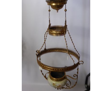 A Vintage Frosted Glass and Brass Ceiling Light, hand painted with flowers.