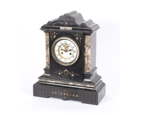 A 19th Century marble cased mantel clock, of architectural design, having a circular white enamel Roman numeral dial with vis