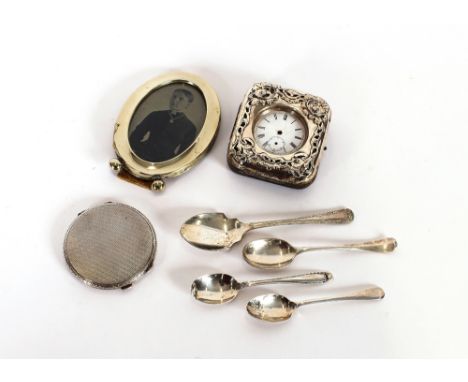 A pocket watch, in silver mounted travelling case, AF; a circular silver compact with engine turned decoration; four various 