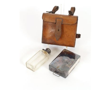 An early 20th Century plated sandwich tin and flask, contained in a leather case, retailed by Harrods