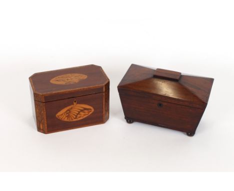 A 19th Century mahogany and inlaid tea caddy, with conch shell and urn decoration; and a rosewood sarcophagus two compartment