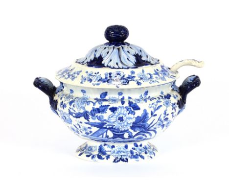 A 19th Century "Dresden opaque china" part dinner service, comprising graduated meat plates, large tureen and ladle, egg stan
