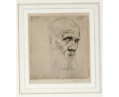 Arthur Ralph Middleton Todd RA, British 1891-1966, pencil signed etching depicting an elderly man, dated 1921, 15.5cm x 14cm