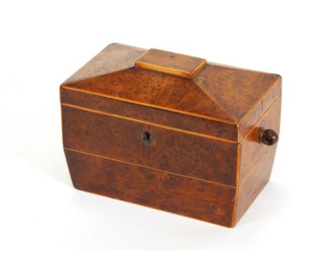 A Georgian burr yew wood tea caddy, of sarcophagus shape, 19cm