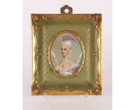 A miniature portrait study of a young lady in evening dress, contained in a faux walnut and gilt frame; and a pair of portrai