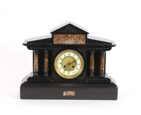 A Victorian marble mantel clock, of architectural design, having 8 day movement striking on a gong, 44cm wide x 34cm high