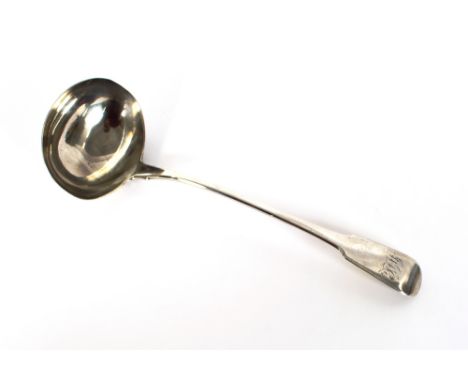 A George III silver fiddle pattern soup ladle, monogrammed, London 1813