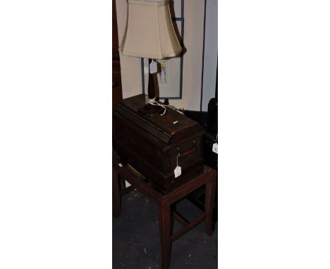 An early 20th Century corner stick stand together with a vintage sewing machine, a mahogany table lamp and a stool frame