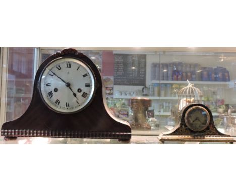 A small 1920's chinoiserie lacquer mantel timepiece together with a larger mantel clock