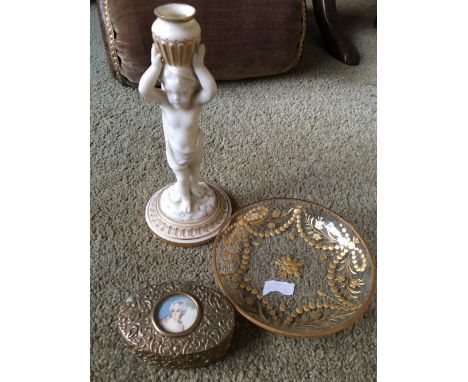 Brass box with portrait miniature to lid, gilded pin tray and a porcelain candlestick.