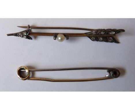 Diamond and pearl set arrow bar brooch and another 9ct gold