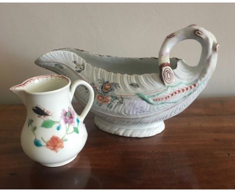 Worcester porcelain cos lettuce sauce boat small stress crack to base of handle & tiny chips to rim with early 18th c sparrow
