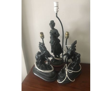 Large spelter Victorian girl lamp base and a pair of spelter Marley Horse bases