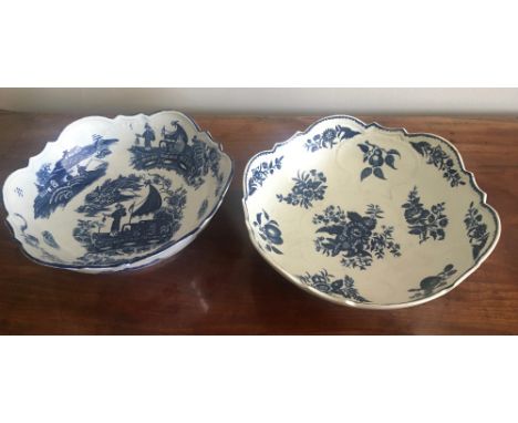 Two 18th c junket dishes with moulded shell decoration 1 Caughley  with impressed Salopian and blue S marks to base decorated