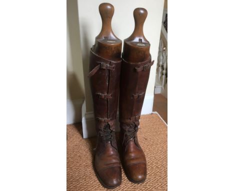 Pair good quality vintage brown leather riding boots with trees marked Maxwell London