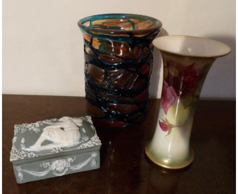 Royal Worcester slender vase unsigned, a Mdina glass vase and a continental jasperware box