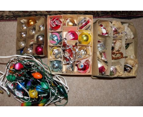 Three boxes of vintage christmas decorations and set of christmas lights lights
