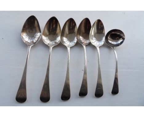 Five Georgian silver table spoons 1818 Thomas Wilkes Barker and a Wm Ely Wm Fearn ladle 13 ozt total