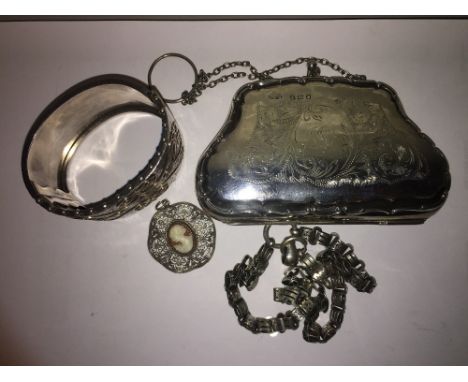Silver finger purse, chain, pendant and bangle marked standard