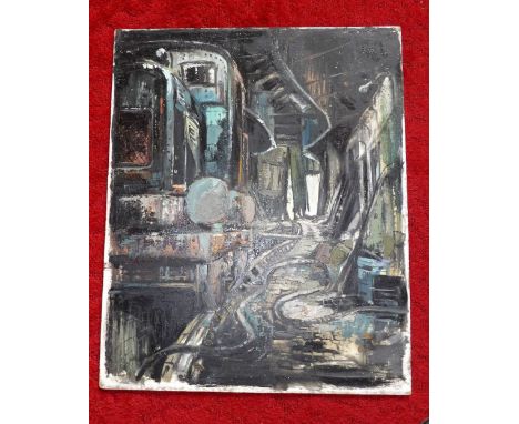 David Weston oil on board semi abstract Steam Engine 56 x 46 cm