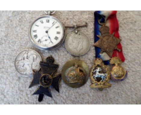 Two Ist WW campaign medals 1 G-20468 H W Powell 1 Waggoner R Bayes ASC, 2nd WW service medal, four cap badges and a military 