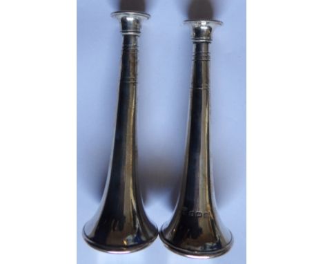 Pair silver  hunting horn pepperettes Northern Goldsmiths Co. 1913 11cm high