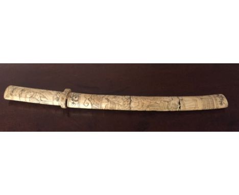 Japanese sectinal ivory sword and scabbard carved with figures in a landscape 47cm long