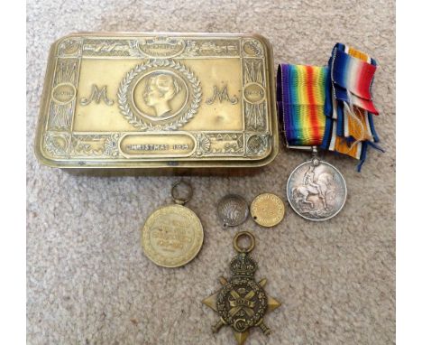 WW I ration tin and three service medals for K W 723 J Hay A.B. R.N.V.R.